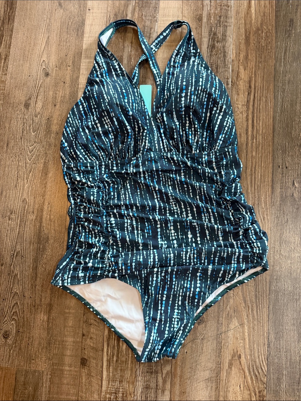 NWT Aqua Eve Navy & Teal Ruched One-Piece Swim Suit with Crisscross Back Sz 18w